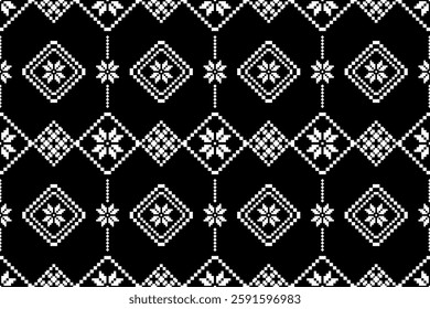 Vintage cross stitch traditional ethnic pattern.floral pixel art embroidery. Elegance background abstract Aztec beautiful seamless pattern for fabric,cloth,dress,carpet,curtain,sarong,batik