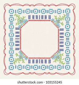 Vintage cross stitch. Vector imitation of the vintage cross stitch floral ornate on the tablecloth