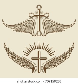 Vintage cross and wings vector elements. Graphic emblem heraldic illustration