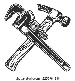 Vintage crossed hammer and body shop mechanic spanner repair tool or construction wrench for gas and builder plumbing pipe in monochrome style vector illustration