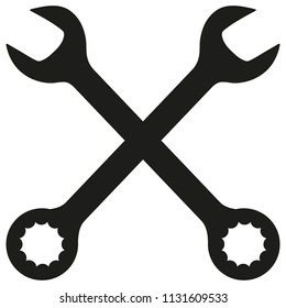 Vintage crossed wrench (spanner) icon in black style, simple shape, for graphic design of logo, emblem, symbol, sign isolated on white background. Hand drawn, vector 