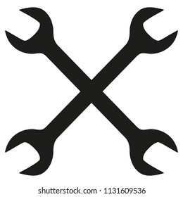 Vintage crossed wrench (spanner) icon in black style, simple shape, for graphic design of logo, emblem, symbol, sign isolated on white background. Hand drawn, vector 