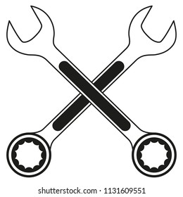 Vintage crossed wrench (spanner) icon, simple shape, for graphic design of logo, emblem, symbol, sign isolated on white background. Hand drawn, vector 