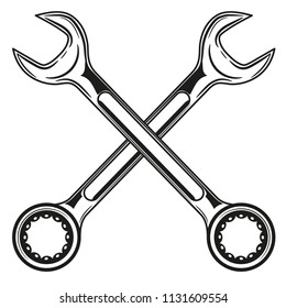 Vintage crossed wrench (spanner) icon in monochrome style, simple shape, for graphic design of logo, emblem, symbol, sign isolated on white background. Hand drawn, vector 