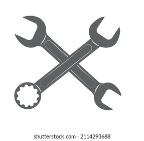 Vintage crossed wrench (spanner) icon in monochrome style, simple shape, for graphic design of logo, emblem, symbol, sign isolated on white background. 