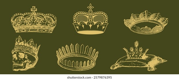 Vintage crown illustrations on a green background. Various crown designs, including ornate and simple styles. Royalty and regal themes in crown sketches. Vintage elements vector set.