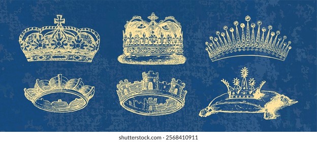 Vintage crown illustrations on a textured blue background. Six different crown designs, each with intricate details. Perfect for royal-themed projects. Vintage elements vector set.