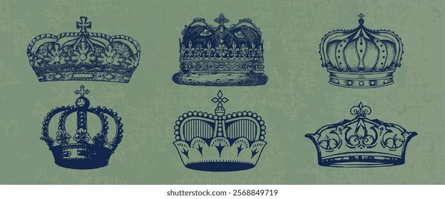 Vintage crown illustrations on a textured background. Six ornate crowns, vintage style, with intricate details. Classic vintage crown designs for royalty themes. Vintage elements vector set.