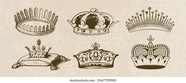 Vintage crowns illustration. Six ornate crowns, sketched with intricate details. Antique style crowns, royal and regal, showcasing elegant crown designs. Vintage elements vector set.