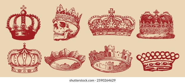 Vintage crowns and skull illustration. Detailed crowns, royal skull, ornate crowns. Classic vintage style, intricate crown designs, skull and crown art. Vintage elements vector set.