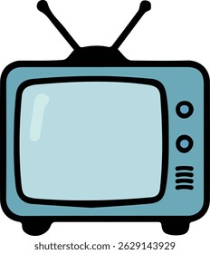 Um televisor vintage CRT com antenas e tela azul.