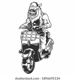 Vintage cruel gorilla biker. Angry monkey with hat and goggles riding motorcycle in monochrome style isolated vector illustration. Good for design t-shirt prints, posters, apparel and other uses