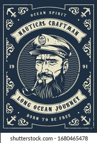 Vintage cruise monochrome poster with bearded and mustached sea captain head with smoking pipe vector illustration