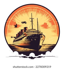 Vintage cruise ship with retro sunset, isolate in white background.