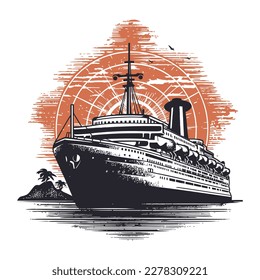 Vintage cruise ship with retro sunset, isolate in white background.