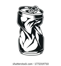 Vintage crumpled beer can concept in monochrome style isolated vector illustration