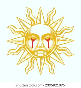 vintage crying old sun illustration and tshirt design