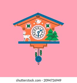 Vintage Cuckoo Clock. Decorative wooden clock. Bright colors. Antique german wall watch. Hand drawn colorful isolated Vector Illustration. Icon, logo, print template. Cartoon style, flat design