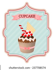 Vintage cup cake sign poster ad. red ribbon with headline text, cupcake on stripped template with red ornament frame. old retro style design, vector art image illustration isolated on white background