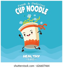 Vintage cup noodle poster design with vector cup noodle character.