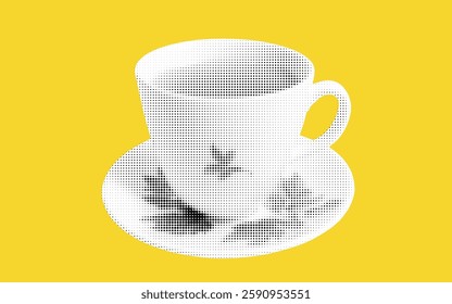 A vintage cup and saucer create a striking visual on a bright yellow surface, enhanced by intricate halftone patterns that breathe life into the composition. Retro elegance is mindfully captured.
