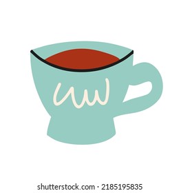 Vintage cup of tea. Blue porcelain cup with white pattern. Colored flat vector illustration isolated on white background.