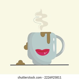 Vintage cup of tea or coffee. A mug with smudges, bubbles, escaping steam and bright lips. For print t-shirt, menu, bar, banner, postcard.