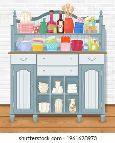 vintage cupboard with colorful utensils against white brick wall for your design