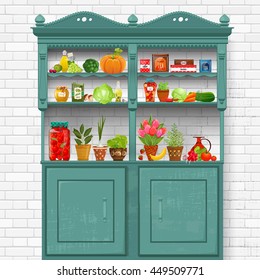 Vintage Cupboard With Delicious Organic Food And Different Herb Planted In Pottery Pots On Background Of White Brick Wall