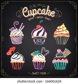 Vintage cupcake collection. freehand drawing