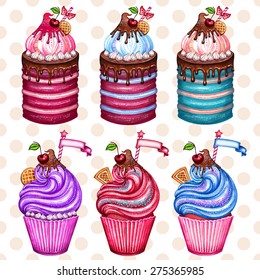 Vintage cupcake collection. Vectorized watercolor drawing. Poster set design. Hand-drawn watercolor cake. Isolated on white background. Cherry, waffles and chocolate cream.Vector abstract background.