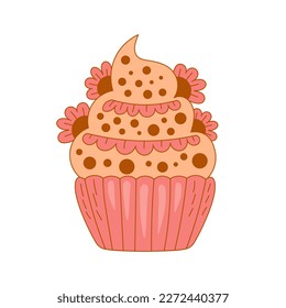 Vintage cupcake food vector illustration. Cute retro style hand drawn mini cake, sweet dessert with flowers in doodle style for cafe, menu, restaurant, birthday, cards