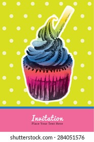 Vintage cupcake invitation water colour template design on green background.