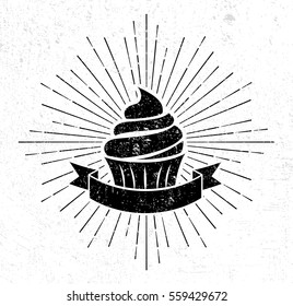 Vintage cupcake logo template with scroll on grunge background