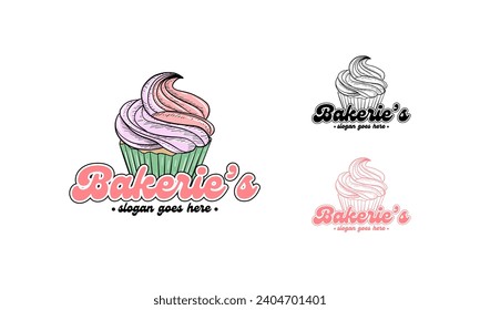 Vintage cupcake logo vector graphic for any business. Hand Drawn bakery logo