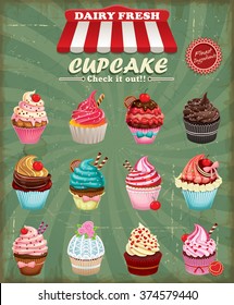 Vintage cupcake poster design set