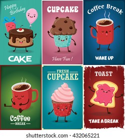 Vintage Cupcake poster design set with vector cupcake, coffee, toast, character. 