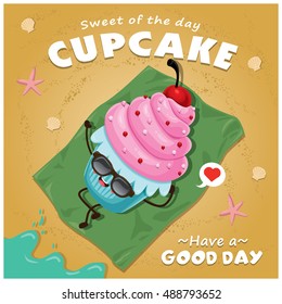 Vintage Cupcake poster design with vector cupcake character.