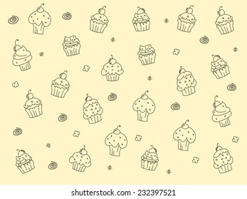 Vintage Cupcakes Outline Vector Background