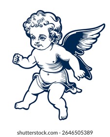 Cupido ou anjo pequeno vintage. Gravação monocromática. Ilustração isolada de vetor.