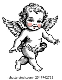 Vintage Cupid or little angel with rosy cheeks. Black and white engraving. Vector isolated illustration.