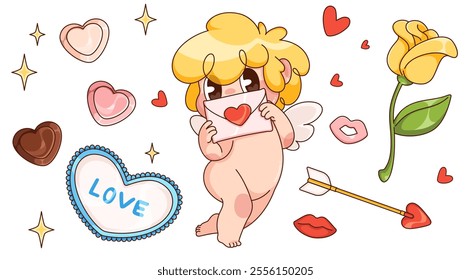 Vintage cupid love character with heart cartoon. Retro valentine day mascot sticker set. 70s comic cherub with flower, twinkle and arrow element for wedding. Cheerful mythology baby fly with envelope