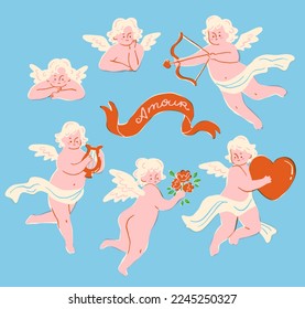 Vintage cupid set. Cheerful flying angels with a bow and arrow, a harp and flowers. Cute cherubs for the Valentine's Day celebration in trendy retro style. svg