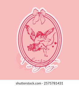 Vintage Cupid Valentine Badge Illustration, Romantic Cupid Shooting Love Arrow Design Perfect for Valentine’s Day greetings, romantic gift tags, or heartfelt social media posts.