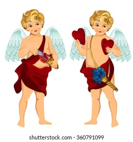 Vintage cupids illustration with hearts, flowers and arrows 