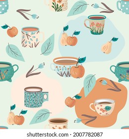 Vintage Cups nahtloses Muster. Herbstmuster im flachen Stil. Vektorgrafik.