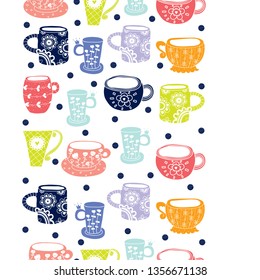 Vintage cups. Vector vertical  seamless border.