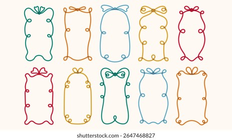 Vintage Curly Lace Frames Set. Decorative Vertical Borders collection with tied bow swirl loop curve wave elements. Vector illustration for greeting card label invitation