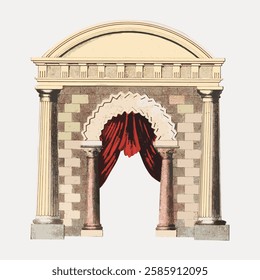 Vintage curtain arch architecture illustration, vector element. 