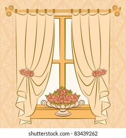 The vintage curtain with flowers. Vector